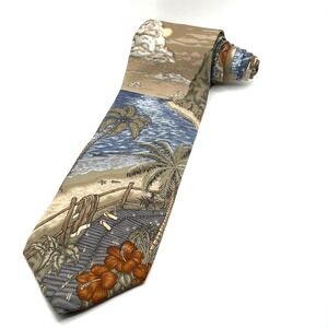Tropicals by Tango Mens Silk Tie Tan Blue Beach Scene Hibiscus Palm Trees